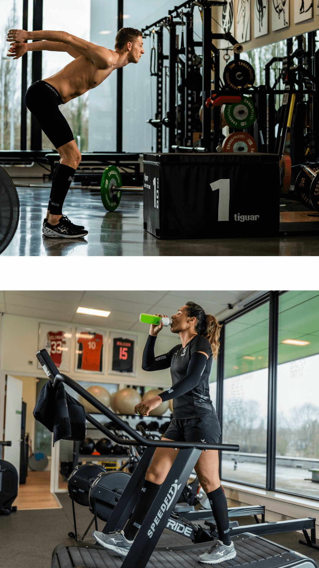 Man doet boxjump, dame is water aan het drinken op loopband. Beide in de sportschool.